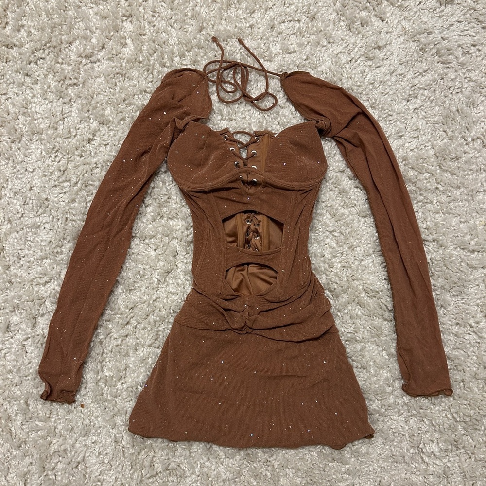 Elegant Long Sleeve Brown Dress